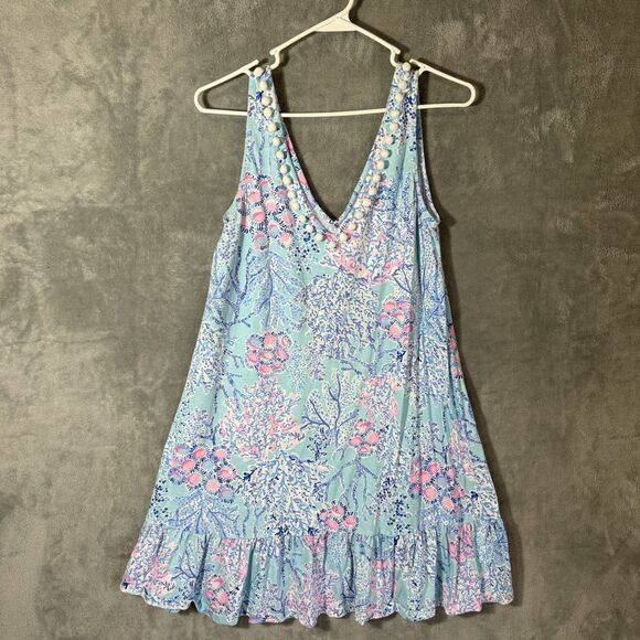 Lilly Pulitzer Camilla Swing Dress S Pom Pom V Neck Blue Ibiza Now You Sea Me - Picture 1 of 8